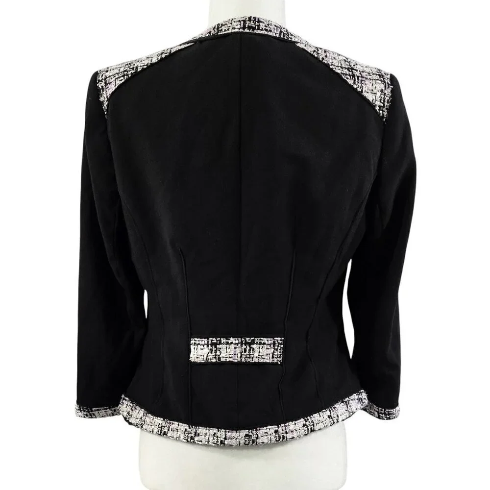 White House Black Market Black Contrast Tweed Trim Cropped Moto Jacket Pockets